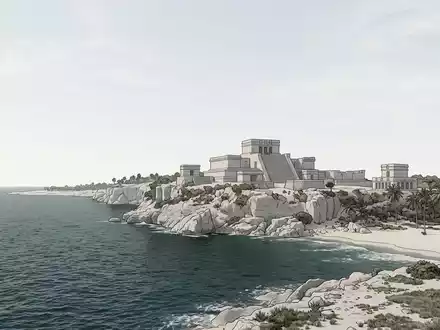 Moderner Architektur-Render zeigt Silhouette von Tulum-Ruinen in Tulum Mexiko, klare Linien und neutrales Tageslicht - Foto: THN