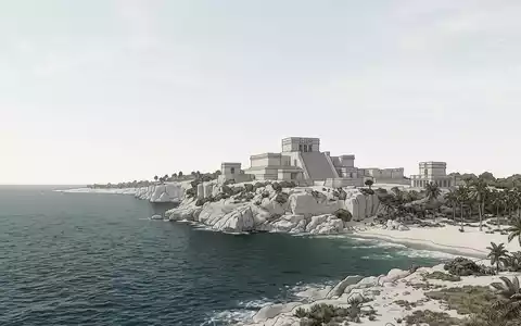 Moderner Architektur-Render zeigt Silhouette von Tulum-Ruinen in Tulum Mexiko, klare Linien und neutrales Tageslicht - Foto: THN