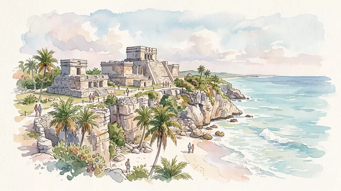 Aquarell-Illustration von Tulum-Ruinen in Tulum, Mexiko als Reiseposter