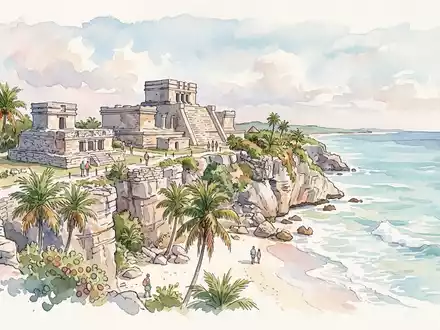 Aquarellillustration des Wahrzeichens Tulum-Ruinen in Tulum Mexiko, weiche FarbverlÀufe und pastelliges Reiseposter-Feeling - Foto: THN