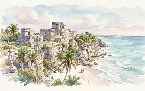 Aquarellillustration des Wahrzeichens Tulum-Ruinen in Tulum Mexiko, weiche Farbverläufe und pastelliges Reiseposter-Feeling - Foto: THN