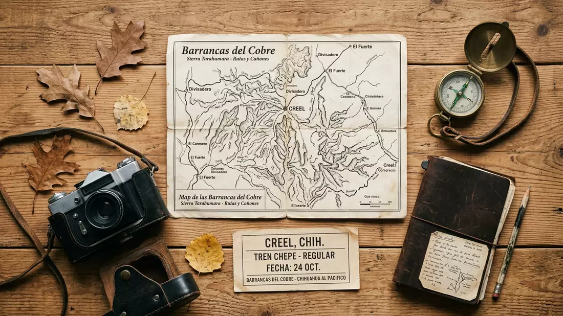 Flatlay-Reise-Arrangement rund um Kupfercanyon in Creel, Mexiko