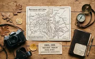 Flatlay-Reise-Arrangement rund um Kupfercanyon in Creel Mexiko, Karte Kompass Kamera und generische Reiserequisiten - Foto: THN