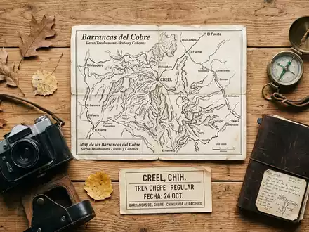 Flatlay-Reise-Arrangement rund um Kupfercanyon in Creel Mexiko, Karte Kompass Kamera und generische Reiserequisiten - Foto: THN