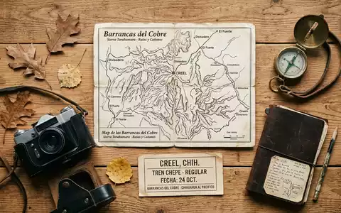 Flatlay-Reise-Arrangement rund um Kupfercanyon in Creel Mexiko, Karte Kompass Kamera und generische Reiserequisiten - Foto: THN