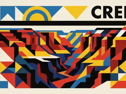 Bauhaus-Poster als geometrische Abstraktion von Kupfercanyon in Creel Mexiko, kraeftige Grundfarben und harte Formkanten - Foto: THN