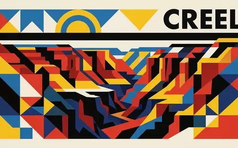 Bauhaus-Poster als geometrische Abstraktion von Kupfercanyon in Creel Mexiko, kraeftige Grundfarben und harte Formkanten - Foto: THN