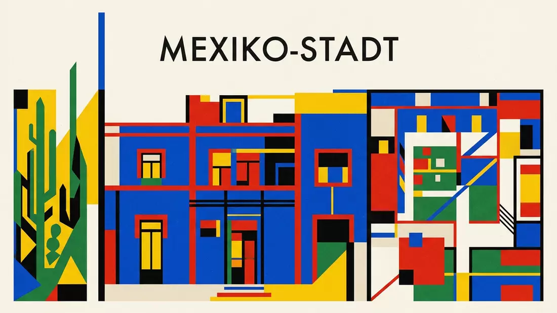 Bauhaus-Poster als Abstraktion von Frida-Kahlo-Museum in Mexiko-Stadt, Mexiko