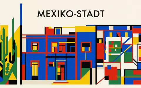 Bauhaus-Poster als geometrische Abstraktion von Frida-Kahlo-Museum in Mexiko-Stadt Mexiko, kraeftige Grundfarben und harte Formkanten - Foto: THN