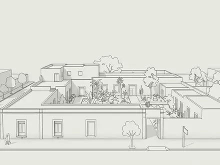 Moderner Architektur-Render zeigt Silhouette von Frida-Kahlo-Museum in Mexiko-Stadt Mexiko, klare Linien und neutrales Tageslicht - Foto: THN