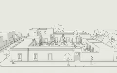 Moderner Architektur-Render zeigt Silhouette von Frida-Kahlo-Museum in Mexiko-Stadt Mexiko, klare Linien und neutrales Tageslicht - Foto: THN