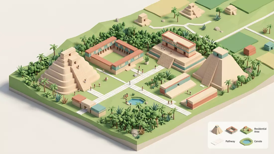 Isometrisches Diorama von Uxmal in Uxmal, Mexiko in Pastell