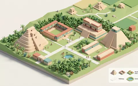 Isometrisches Diorama von Uxmal und Umgebung in Uxmal Mexiko, verspielte Low-Poly-Kulisse in Pastellfarben - Foto: THN