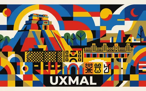 Bauhaus-Poster als geometrische Abstraktion von Uxmal in Uxmal Mexiko, kraeftige Grundfarben und harte Formkanten - Foto: THN