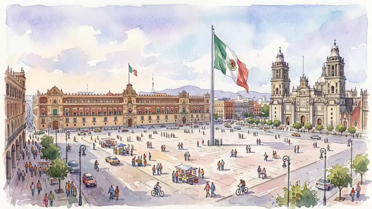 Aquarell-Illustration von Zocalo Mexiko-Stadt in Mexiko-Stadt, Mexiko als Reiseposter
