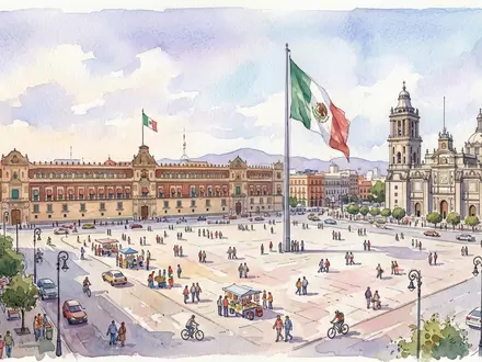 Aquarellillustration des Wahrzeichens Zocalo Mexiko-Stadt in Mexiko-Stadt Mexiko, weiche Farbverläufe und pastelliges Reiseposter-Feeling - Foto: THN
