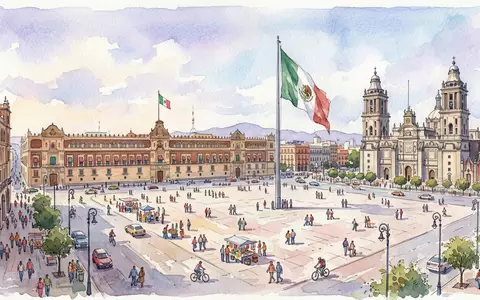 Aquarellillustration des Wahrzeichens Zocalo Mexiko-Stadt in Mexiko-Stadt Mexiko, weiche Farbverläufe und pastelliges Reiseposter-Feeling - Foto: THN