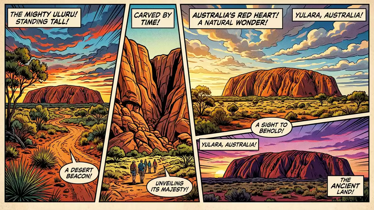 Pop-Art-Comic von Uluru in Yulara, Australien mit Rasterpunkten
