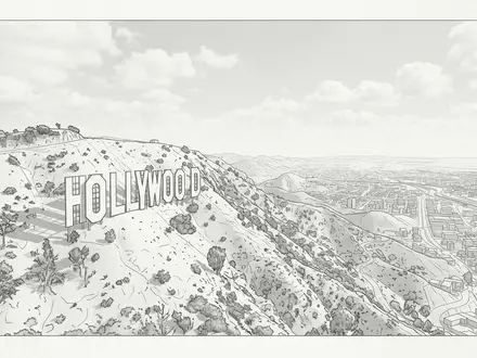 Moderner Architektur-Render zeigt Silhouette von Hollywood Sign in Los Angeles USA, klare Linien und neutrales - Foto: THN