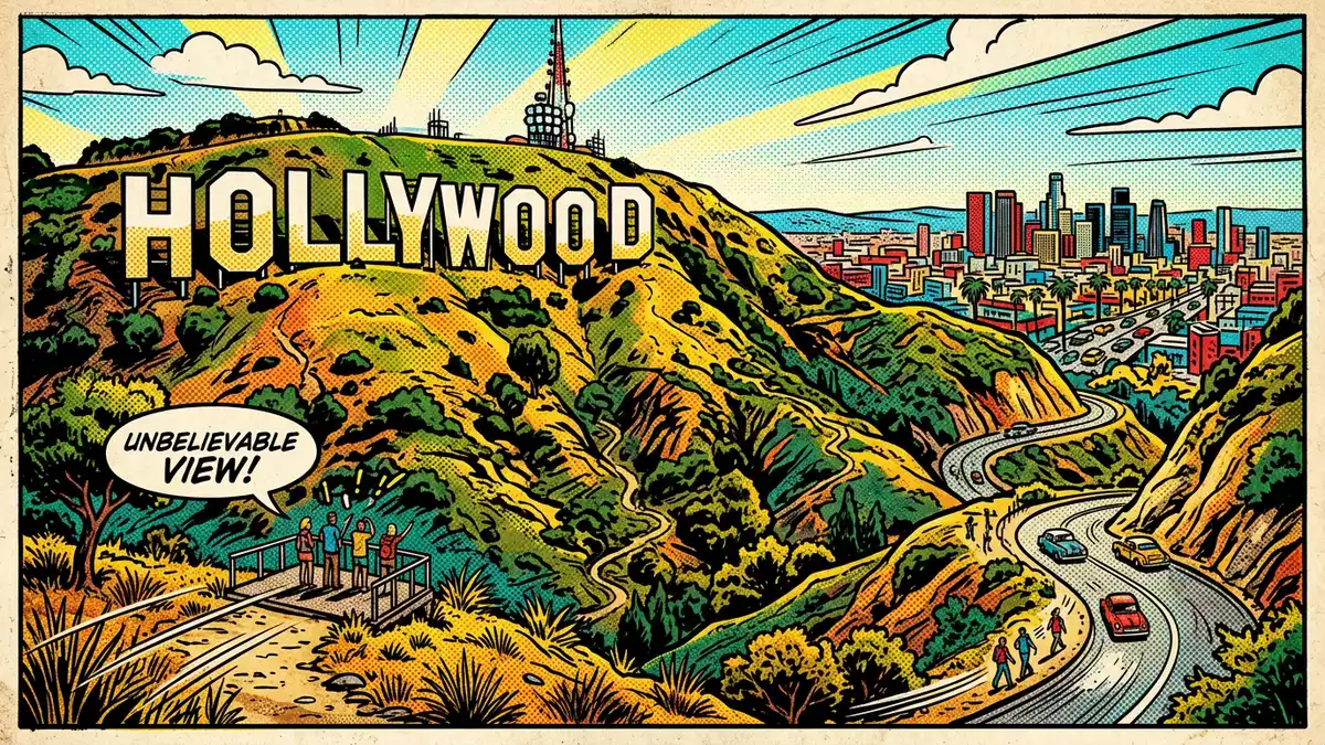 Pop-Art-Comic von Hollywood Sign in Los Angeles, USA mit Rasterpunkten
