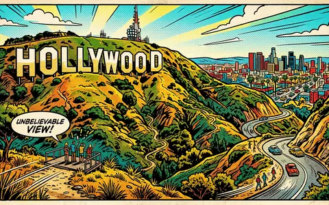 Pop-Art-Comicillustration des Wahrzeichens Hollywood Sign in Los Angeles USA, kraeftige Konturen Rasterpunkte und satte Farben - Foto: THN