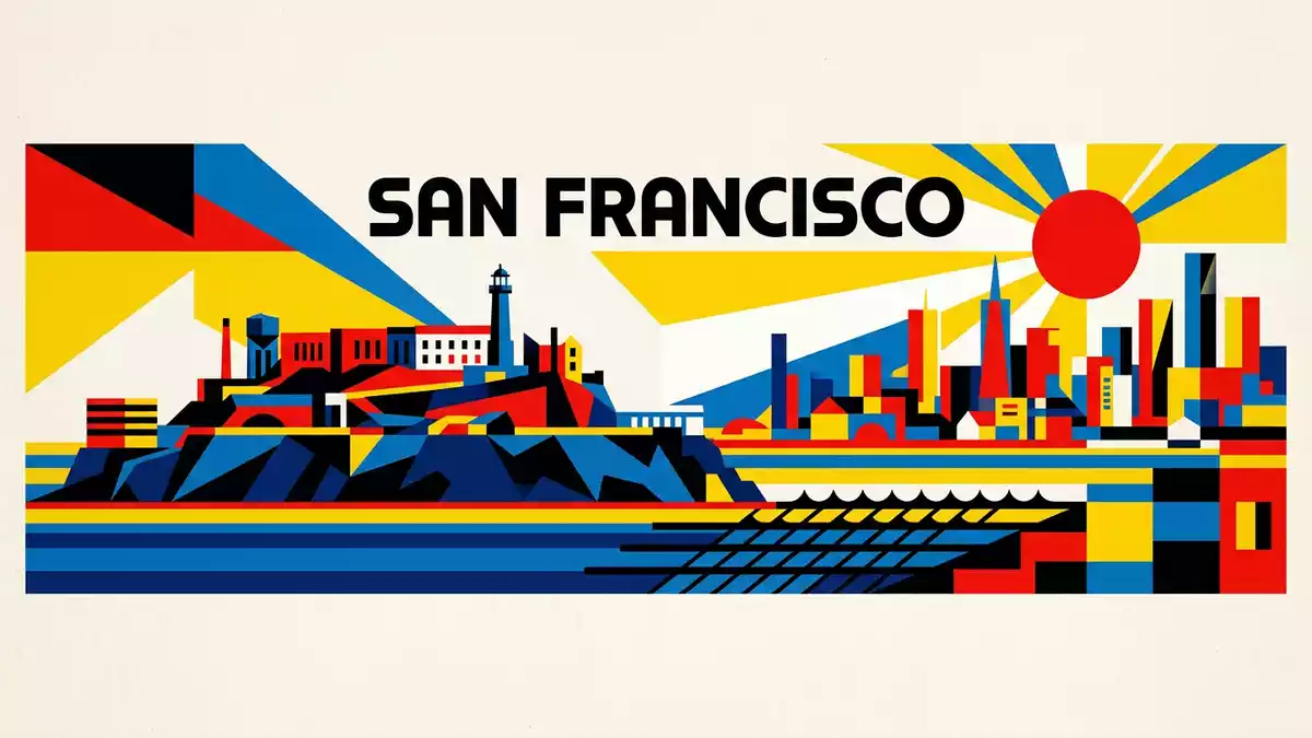 Bauhaus-Poster als Abstraktion von Alcatraz in San Francisco, USA