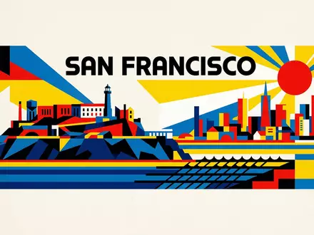Bauhaus-Poster als geometrische Abstraktion von Alcatraz in San Francisco USA, kraeftige Grundfarben und harte Formkanten - Foto: THN