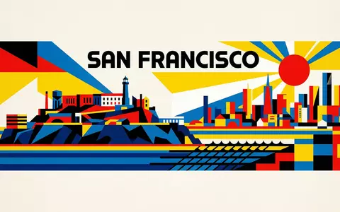 Bauhaus-Poster als geometrische Abstraktion von Alcatraz in San Francisco USA, kraeftige Grundfarben und harte Formkanten - Foto: THN