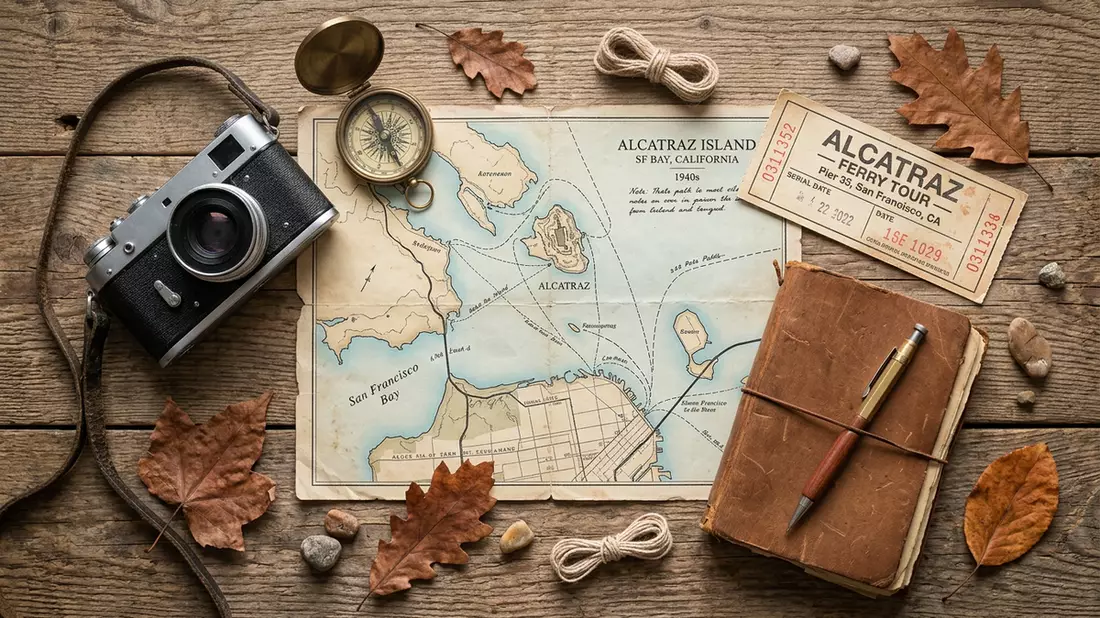 Flatlay-Reise-Arrangement rund um Alcatraz in San Francisco, USA