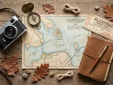 Flatlay-Reise-Arrangement rund um Alcatraz in San Francisco USA, Karte Kompass Kamera und generische Reiserequisiten - Foto: THN
