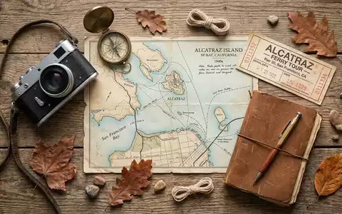 Flatlay-Reise-Arrangement rund um Alcatraz in San Francisco USA, Karte Kompass Kamera und generische Reiserequisiten - Foto: THN