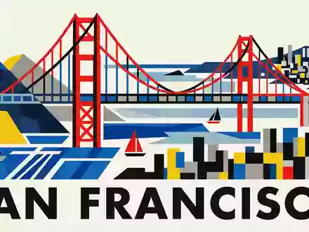 Bauhaus-Poster als geometrische Abstraktion von Golden Gate Bridge in San Francisco USA, kraeftige Grundfarben und - Foto: THN