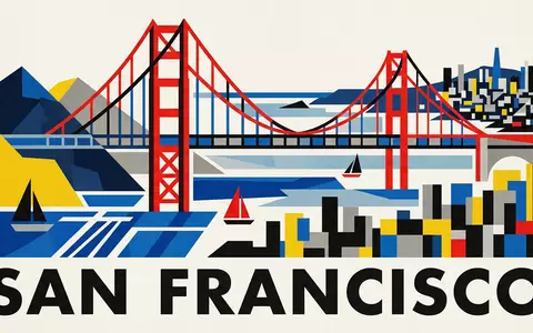 Bauhaus-Poster als geometrische Abstraktion von Golden Gate Bridge in San Francisco USA, kraeftige Grundfarben und - Foto: THN