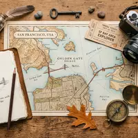 Flatlay-Reise-Arrangement rund um Golden Gate Bridge in San Francisco USA, Karte Kompass Kamera und generische - Foto: THN