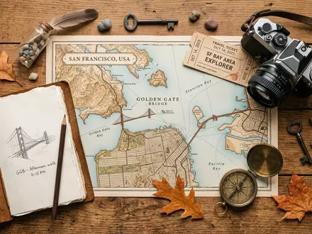 Flatlay-Reise-Arrangement rund um Golden Gate Bridge in San Francisco USA, Karte Kompass Kamera und generische - Foto: THN