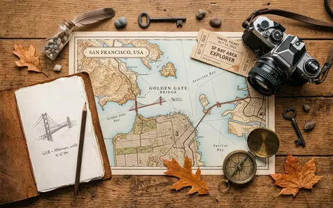 Flatlay-Reise-Arrangement rund um Golden Gate Bridge in San Francisco USA, Karte Kompass Kamera und generische - Foto: THN