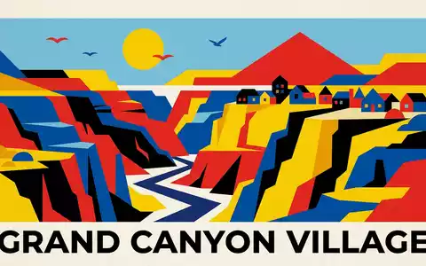 Bauhaus-Poster als geometrische Abstraktion von Grand Canyon in Grand Canyon Village USA, kraeftige Grundfarben und - Foto: THN