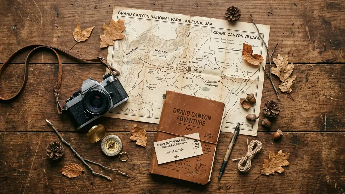 Flatlay-Reise-Arrangement rund um Grand Canyon in Grand Canyon Village, USA