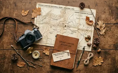Flatlay-Reise-Arrangement rund um Grand Canyon in Grand Canyon Village USA, Karte Kompass Kamera und generische - Foto: THN