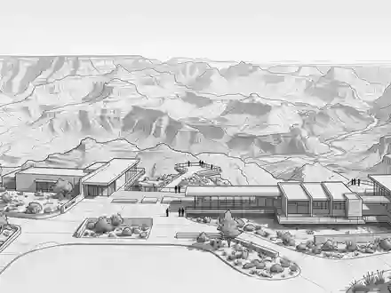 Moderner Architektur-Render zeigt Silhouette von Grand Canyon in Grand Canyon Village USA, klare Linien und - Foto: THN
