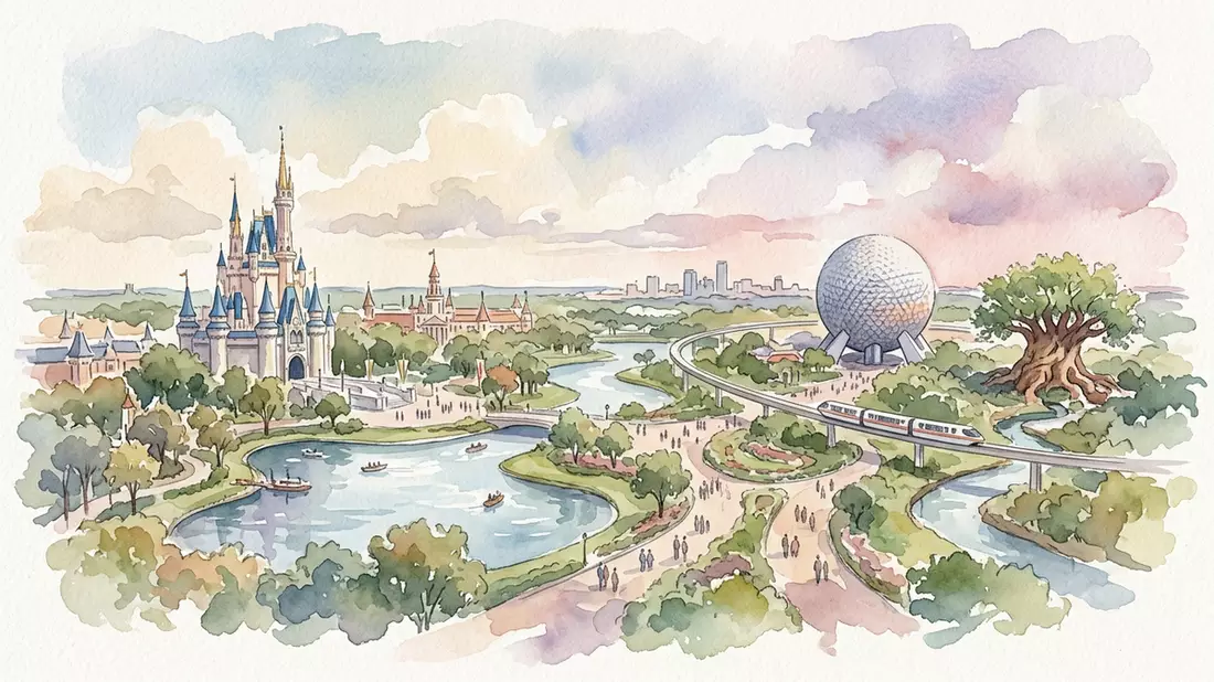 Aquarell-Illustration von Walt Disney World Orlando in Orlando, USA als Reiseposter