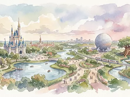 Aquarellillustration des Wahrzeichens Walt Disney World Orlando in Orlando USA, weiche Farbverläufe und pastelliges Reiseposter-Feeling - Foto: THN