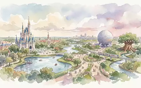 Aquarellillustration des Wahrzeichens Walt Disney World Orlando in Orlando USA, weiche Farbverläufe und pastelliges Reiseposter-Feeling - Foto: THN