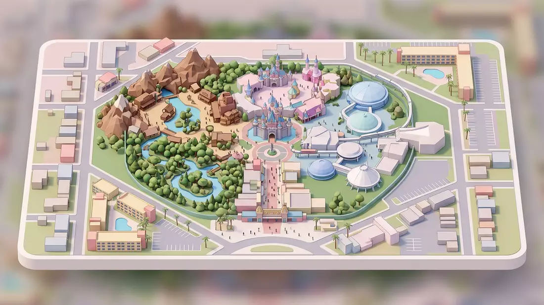 Isometrisches Diorama von Disneyland Anaheim in Anaheim, USA in Pastell