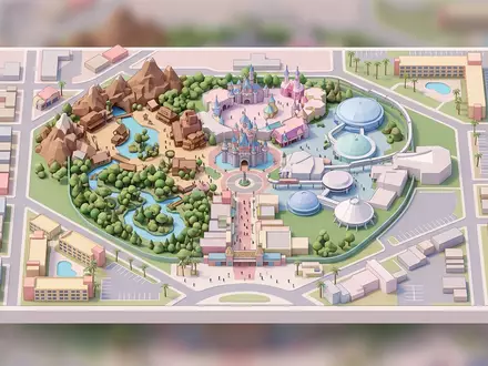 Isometrisches Diorama von Disneyland Anaheim und Umgebung in Anaheim USA, verspielte Low-Poly-Kulisse in Pastellfarben - Foto: THN
