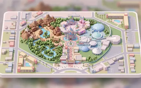 Isometrisches Diorama von Disneyland Anaheim und Umgebung in Anaheim USA, verspielte Low-Poly-Kulisse in Pastellfarben - Foto: THN