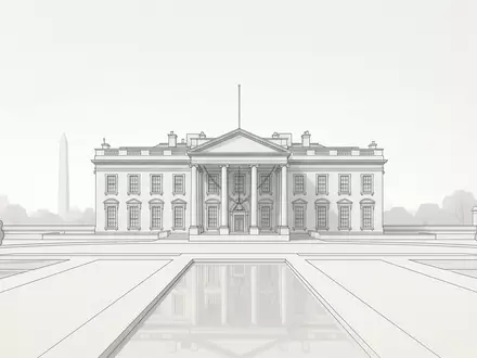 Moderner Architektur-Render zeigt Silhouette von Weißes Haus Washington in Washington, D.C. USA, klare Linien und - Foto: THN