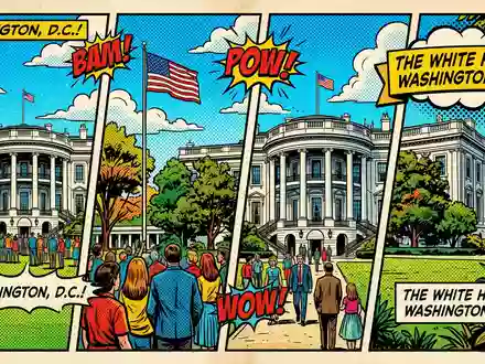 Pop-Art-Comicillustration des Wahrzeichens Weißes Haus Washington in Washington, D.C. USA, kraeftige Konturen Rasterpunkte und satte - Foto: THN
