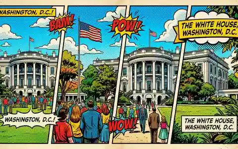 Pop-Art-Comicillustration des Wahrzeichens WeiĂes Haus Washington in Washington, D.C. USA, kraeftige Konturen Rasterpunkte und satte - Foto: THN