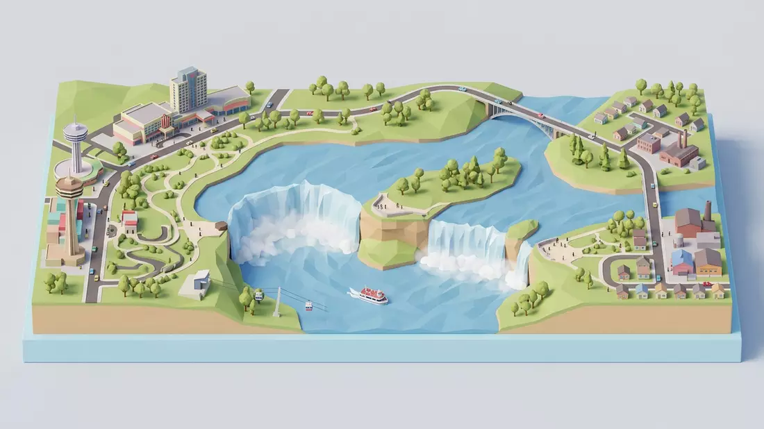 Isometrisches Diorama von Niagara-Fälle in Niagara Falls, USA/Kanada in Pastell